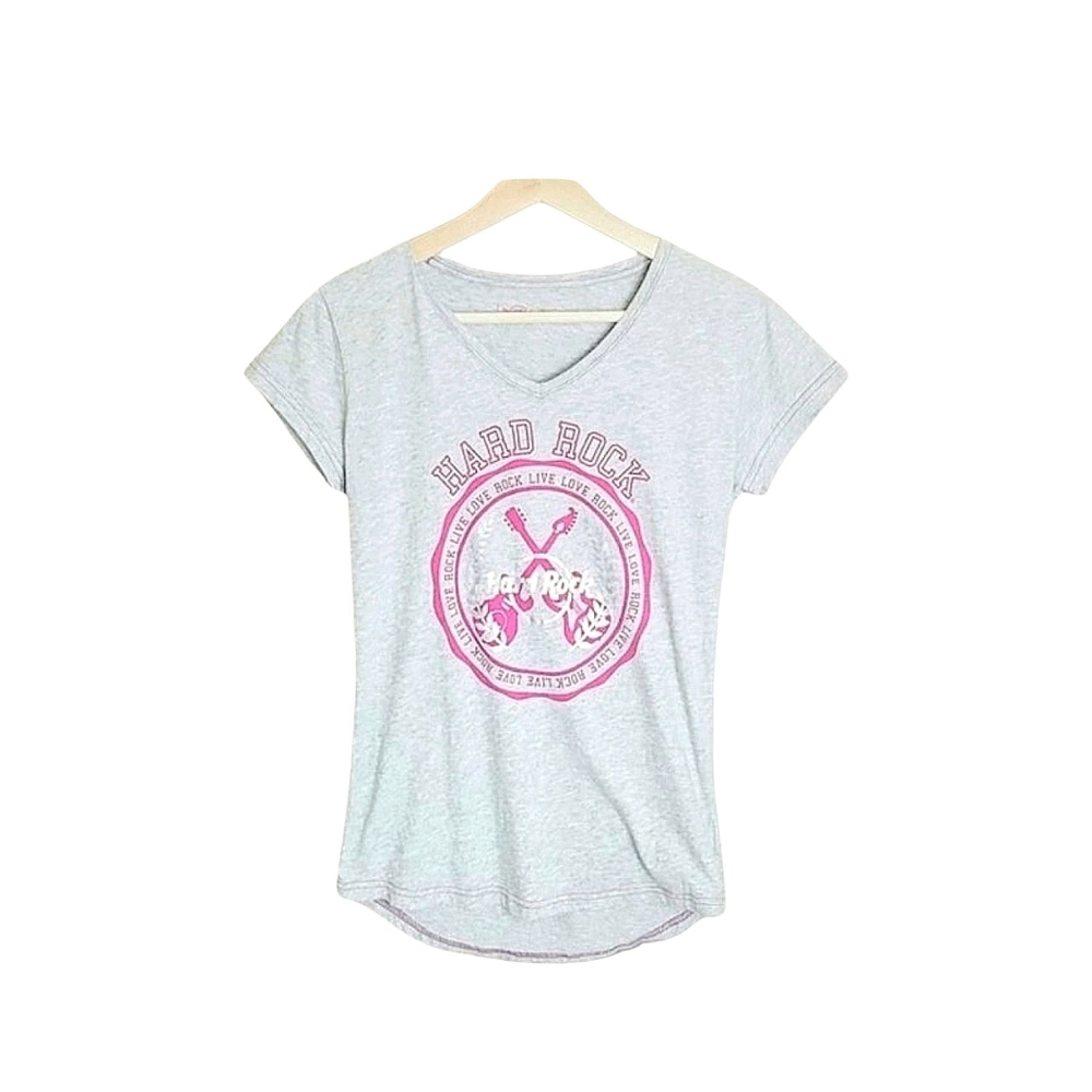 Hard Rock Cafe Live Love Rock Light Gray & Pink Logo Short Sleeve Tee Size S